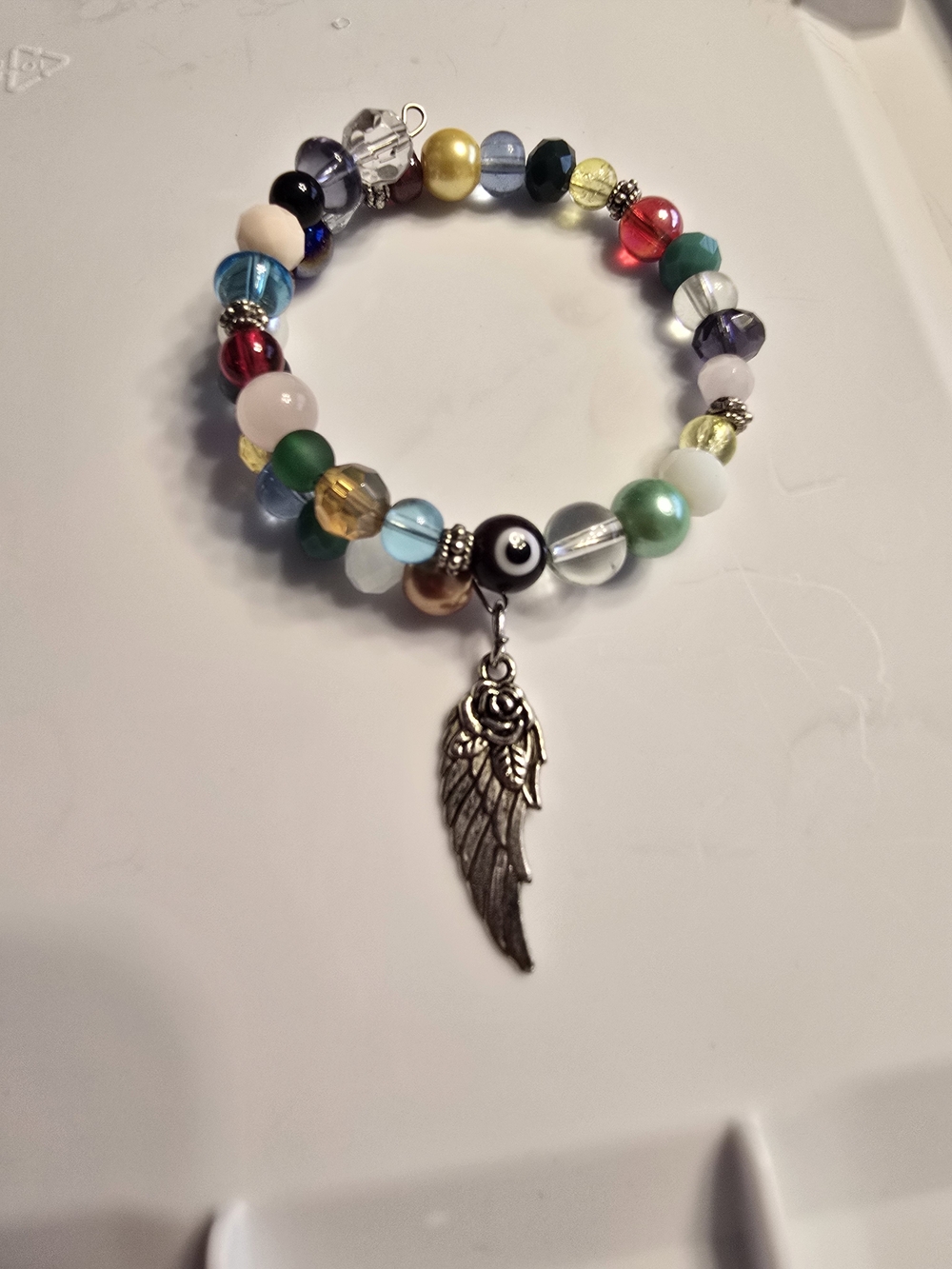 Memory Wire Multicolor Beaded Bracelet with Wing Charm